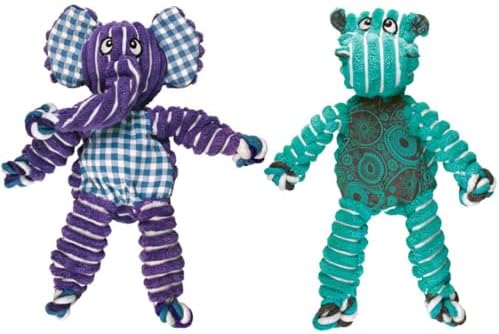 KONG Floppy Knots Dog Toy Bundle for Small/Medium Dogs – Durable Plush Toys with Internal Knotted Ropes & Squeakers – Minimal Stuffing for Less Mess (Hippo and Elephant, Small/Medium)