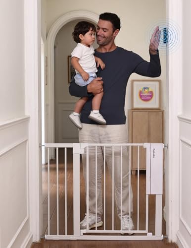 Babelio Smart Baby Gate with Auto-Unlock/Close, Pressure Mounted No Drill for Doorways/Top of Stairs. Pet/Dog Door Wide Walk Thru w/Infrared Sensor & Instant Safety Alert (White, 26.3-37.8" W, 30" H)