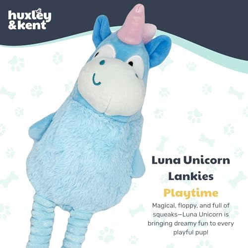 Huxley & Kent Funny Dog Toy w/Squeaker – Power Plush Squeaky Dog Toys for Small, Medium & Large Dogs – Soft Stuffed Animal for Indoor Play & Fetch - Squeak to Crunch - Lankies Luna Unicorn, Large