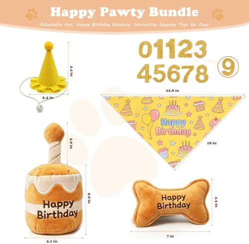 Xymoso Dog Birthday Gift Set,4 Pack Dog Birthday Interactive Squeak Toys Puppy Bandana Hat with Numbers Party Supplies for Small Medium Dogs