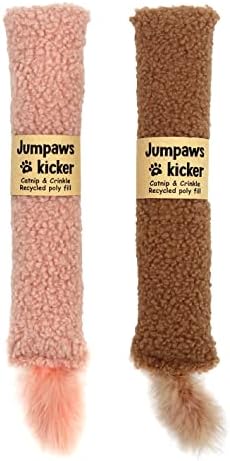 Jumpaws 2 Pack Natural Interactive Catnip & Silvervine Cat Kicker with Tail, Bite Resistant Chew Toy, Crinkle Kicker, Accessories for Indoor Cat, Sherpa Material