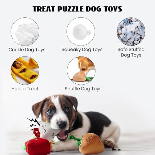 Nocciola Squeaky Hide and Seek Dog Snuffle Food Toys, Interactive Plush Stuffed Pet Supplies for Puppy Small Medium Breeds, Cute Burrow Cognitive Digging Treat Hiding Enrichment Puzzle Toy, 3 Packs