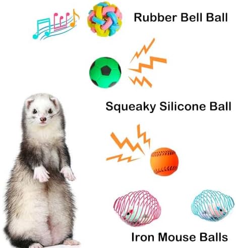 12 pcs Ferret Squeaky Toy Balls Squeaker Toys Teething Colorful Bouncy Rubber Bell Balls Mylar Crinkle Interactive Sound Toy Exercise Scratch Chew Toys for Ferrets Pet Cat Dogs