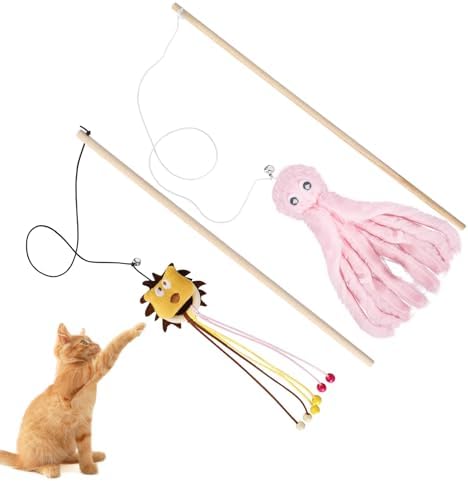 2-Pack Cat Toy Wand Set: Interactive Cat Teaser Wands with Bells and Streamers to Engage Your Cat’s Natural Instincts (Dog and Octopus)