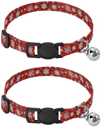 2 Pack Dog Collar Snowflakes Swirl Red Breakaway Cat Collars with Bell, Adjustable Length 10.6" to 17.1"