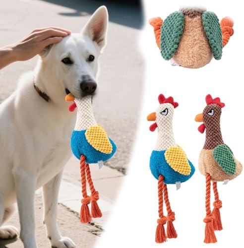 Chicken Dog Toy with Sound, Rope Legs for Small Medium Dogs, Colorful Rooster Toy for Tug and Play (Blue)