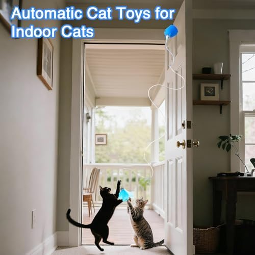 Cat Toys Interactive for Indoor Cats, Rechargeable Toy Hanging Door Electric with 4pcs Feathers Toys for Bored Kittens (Blue)