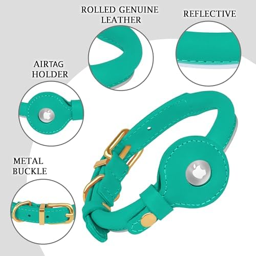 OOPSDOGGY Rolled Leather Dog Collar with Airtag Holder (Teal, L, 14"-18")