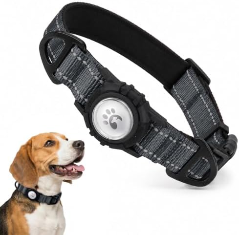Padded Dog Collar with Waterproof Holder Compatible with Airtag