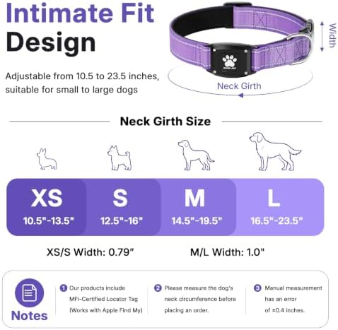 GPS Dog Collar with Tracker, Waterproof, No Monthly Fee, Purple, S | Works with Apple Find My, iOS Only, MFi Certified, No SIM Card, for Small Dogs, Reflective Padded Nylon, Neck 12.5-16 in