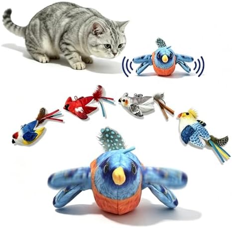 Interactive Flapping Bird Cat Toy for Indoor Cats, Auto Chirping Cat Toys, Touch Activated Rechargeable Self Play for All Breeds Cat Kicker Toys, with 5 Bird Covers and Catnip Pouches