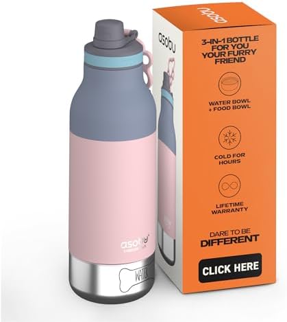 Asobu Buddy Bottle a Stainless Steel Insulated Water Bottle for with Removable Dog Water Bowl and Dog Food and Treat Storage Bowl (Pastel Pink, 34 Oz)