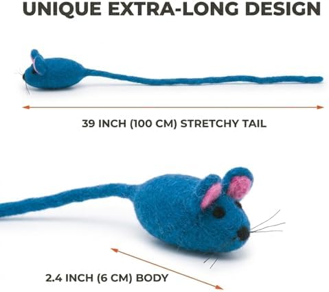 Glaciart One Felt Mouse Cat Toy – Soft Fuzzy Enrichment 100% Natural Wool - Interactive Catnip Play Cat Toy Set - Safe for Pets, Non-AZO Colored Dyes - 42” Long