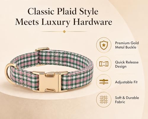 Soft Cotton Dog Collar Classic Plaid Pet Collars with Metal Clasp for Large Dogs with Sensitive Skin, Heritage Red Green