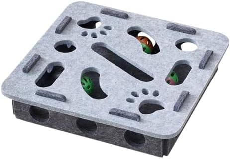 Interactive Cat Puzzle Feeder Toy – Felt Maze Box with 3 Jingle Balls – Mental Stimulation, Slow Feeding & Fun Exercise for Indoor Cats & Kittens (1,Square-Gray)