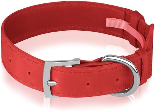 Leather Dog Collar with Airtag Holder - Apple Air Tag Dog Collars - Soft Tracking GPS Pet Collar for Small Medium Large Dogs Breed Puppy (Red, L, 15"-19" Neck Fit)