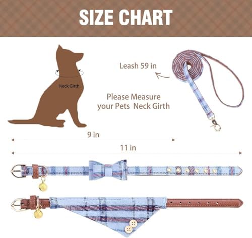 KOOLTAIL Small Dog Collar and Leash Set with Bowtie and Bells - Cute Puppy Bandana Collar and Leash for Male with Classic Plaid Pattern, Soft Leather Tangle Free Leashes for Small Dogs Boys Girls,Blue