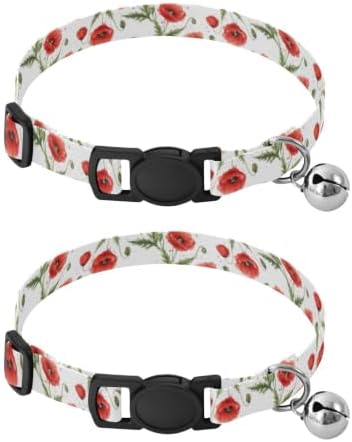 Red Poppy Flowers Green Leaf Easy to Wear Cat Collars 2 Pack Cat Neck Collar