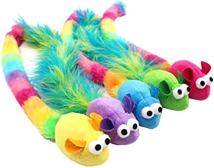 Jumpaws 5 Pack Interactive Catnip and Feather Cat Toys, Multi-Colored Mice with Long Feather Tail, Accessories for Indoor Cat, Catnip Plush Toys with Natural Feathers and Rattles