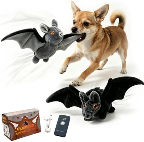 Interactive Flying Bat Dog Toy, Flapping Wings Cute Bat for Indoor Cats & Dogs, Automatic Flapping Wings with Chirping Sounds, Touch Activated, Rechargeable for Solo Play，Manual+Remote