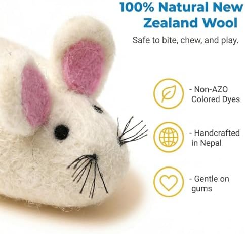 Glaciart One Felt Mouse Cat Toy – Soft Fuzzy Enrichment 100% Natural Wool - Interactive Catnip Play Cat Toy Set - Safe for Pets, Non-AZO Colored Dyes - 100” Long