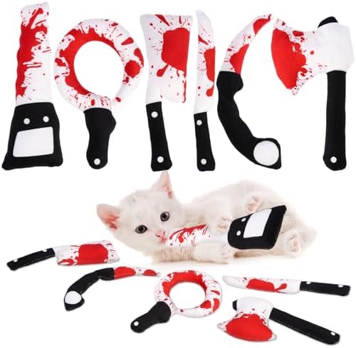 EXPAWLORER Cat Catnip Toys- 6 Pcs Halloween Interactive Stuffed Knife Nip Toy for Indoor Cats, Bite Resistant Chew Toys Teeth Cleaning Gift for Kitten