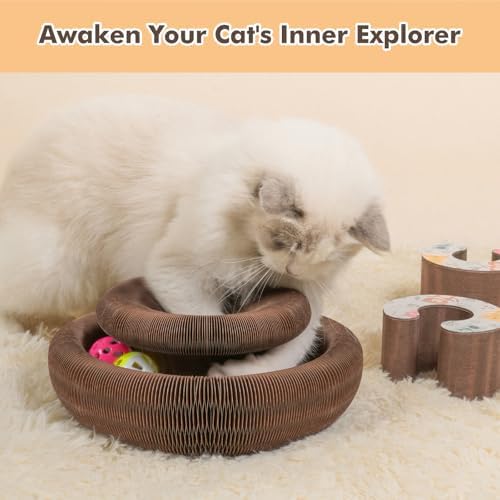 Magic Organ Cat Scratcher Toy with 2 Bell Balls - Interactive Transformable Cat Scratching Board, Foldable Corrugated Cardboard Track Toy for Indoor Cats & Kittens