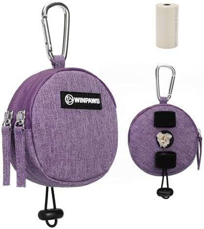 Dog Poop Bag Holder for Leashes- Dog Treat Pouch with Waterproof Zipper,Puppy Training Small Bag with Carabiner & Bungee Toggle,Two Pockets for Dry or Wet Treats-Pet Travel Walking Essentials (Purple)