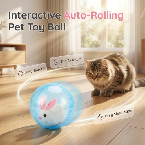 2 Pack Auto-Rolling Cat Ball for Indoor Pet (2, White Rabbit Set)
