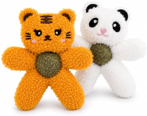 Cat Toys with Catnip Kitten Chew Bite Supplies Boredom Relief Fluffy Kitty Teeth Cleaning Chewing Cat Lovers Interactive Plush Gift (Tiger&Panda)