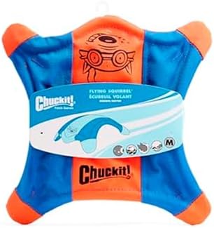 Chuckit! Flying Squirrel Fetch Dog Toy - Water Floating Flyer - Soft and Durable Polyester Canvas Construction - for Medium Dogs - 9.5-inch Diameter - Orange and Blue, Medium (Pack of 12)