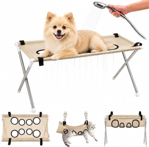 Dog Grooming Hammock Stand, Foldable Pet Bathing Stand (Coffee A)