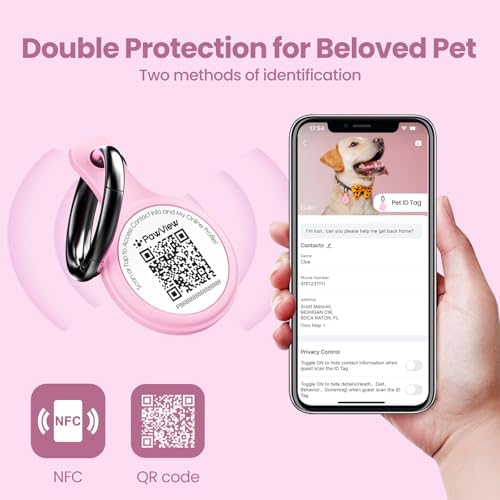 Silent Silicone Dog ID Tag with NFC, Scan QR for Instant Location Alerts, Emergency Contact and Modifiable Pet Profile, 1 Pack (Pink)