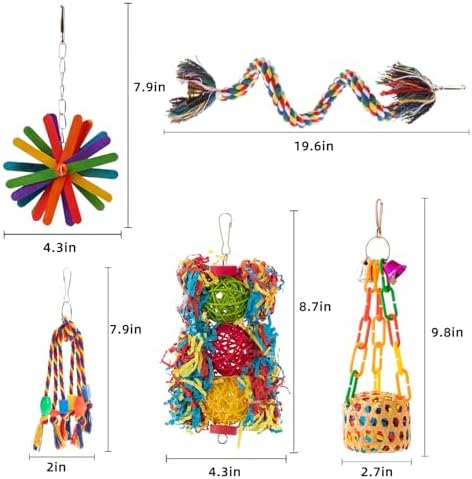 Bird Toys Parakeet Toy Parrot Chewing Shredding Foraging Toys with Rope Perch Hanging Toys Bird Cage Accessories for Cockatiel Conure Budgies Lovebird 5 Pack