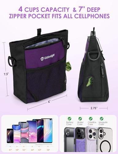 Gobeigo 4 Cup Dog Treat Pouch with Silicone Insert Bag& Clicker(Purple)