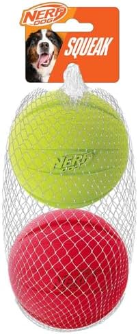 Nerf Dog Classic Squeak Ball Outdoor Dog Toy, 3.8 Inch Dog Ball Fetch Toy, Squeaking Toy for Medium and Large Breeds, Green/Red, 2 Count