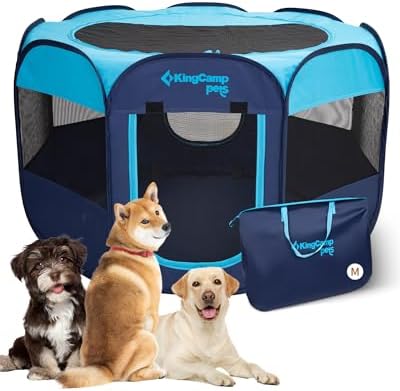 KingCamp Dog Playpen, Portable Foldable Cat Kitten Puppy Tent Crates 29"/36"/50" Pop Up Pet Playpen with Zippered Bottom & Cover for Indoor Outdoor Use (Medium, Blue)