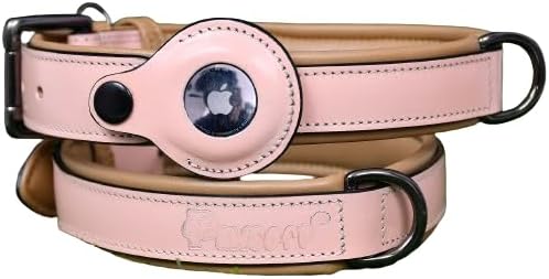 PAWSOFT® Airtag Leather Dog Collar for Medium Large and Extra Large Dog - Soft Padded, Heavy Duty Dog Collar Rust Proof Metal Buckle, Gift for Pets Size-XL (Fits Neck 21-25 inches) Pink