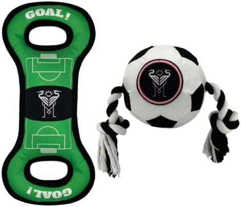 Pets First MLS Inter Miami CF Soccer Field Tug Toy & Soccer Ball Rope Toy Set for Dogs - Officially Licensed Interactive Squeaky Rope Fetch & Chew Toys with Team Logo