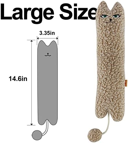 TTcat 14.6 Inch Large Curly Plush Pillow Cat Kicker Toy with Catnip Silvervine Powder, Soft Stuffed Cat Chew Toy with Tail, Interactive Toy for Indoor Cats and Kittens(Beige).