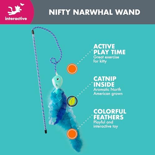 Quirky Kitty Nifty Narwhal Feather Wand and String Teaser Cat Toy, Catnip