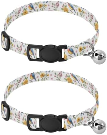 Colorful Watercolor Flowers Lightweight Pet Collar for Cats and Dogs, 2 Pack Puppy Collar with Bell