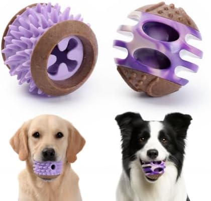 MECOOL 2PCS Durable Dog Chew Toys, Squeaky Chew Ball & Treat Dispensing Toy, Tough Nylon Ends & Natural Rubber for Aggressive Chewers, Interactive Puzzle Toys for All Breed Dogs,Bacon Flavored,Purple