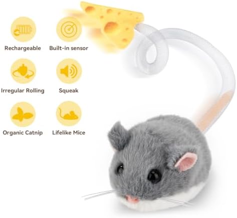 Migipaws Interactive MigiMouse Cat Toy 360° Rolling & Spin with Mesh Plastic Tail for Indoor Cats Smart Motion Sensor, Realistic Squeak, Rechargeable Plush Kitten Toy(Grey)