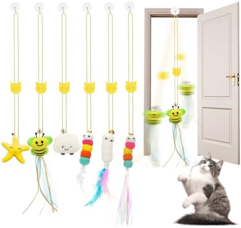 JIARON 6 PCS Interactive Cat Feather Toys, Indoor Hanging Retractable Cat Toy, Self Play Toys Make Fun Excecise