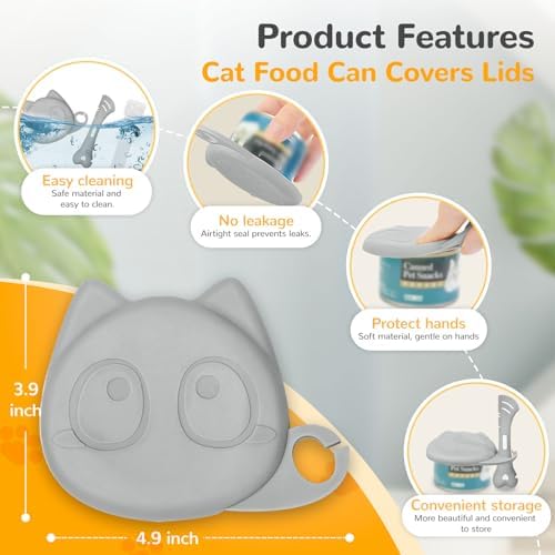 BAEJMJK Silicone Cat &Dog Food Can Cover Lid and Spoon With One Cats Strip Feeder 3Pcs Pet Cat Supplies Set Cute Shape Cats Wet Food Spoon(Opener/Spatula) Universal Can Cover（Grey）