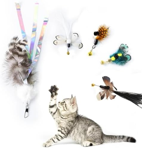 Hokaad Cat Insect Feather Toys - Feather Wand & 6 Natural Insect Refills - Interactive Cat Teaser with Bell