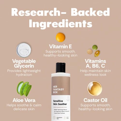 Her Fantasy Box | Sensitive Skin Soother Gentle Body Wash – Fragrance-Free Probiotic Cleanser with Chamomile, pH Balanced, Vegan & Cruelty Free, 16 oz