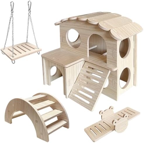 LOS ANDES Hamster Maze Double-Decker Wood House, Seesaw Toy, Bridge and Swing for Dwarf Gerbil Mouse Mice Rat Small Animals(Only for Small Hamsters)