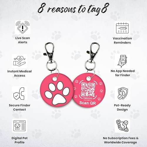 tag8 QR Code ID Tag for Dogs & Cats, Real-Time Scan Alerts, Online Pet Info Access, No Subscription or Fees, Durable Pet Tag for Collars - Pink